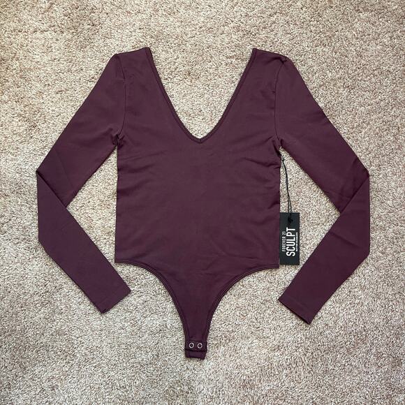 Forever 21 Sculpt Butter Seamless Thong Bodysuit V Neck Long Sleeve Purple NWT S - Picture 8 of 16